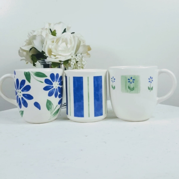 3 Russian MCM Antique Vintage Ceramic Stoneware Blue Coffee Mug Matching Set - Picture 3 of 6